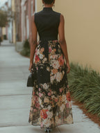 French Elegant Chiffon Floral Print Maxi Dress With Belt