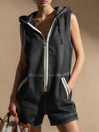 Women's V-neck Sleeveless Casual Loose Denim Hooded Jumpsuit Shorts