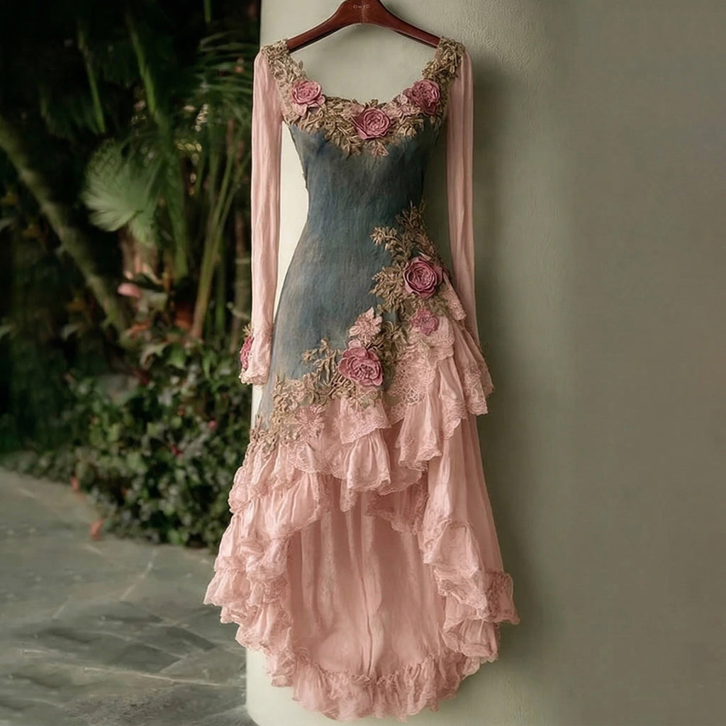Women's Spring Elegant Flowers Irregular Ruffle Midi Dress