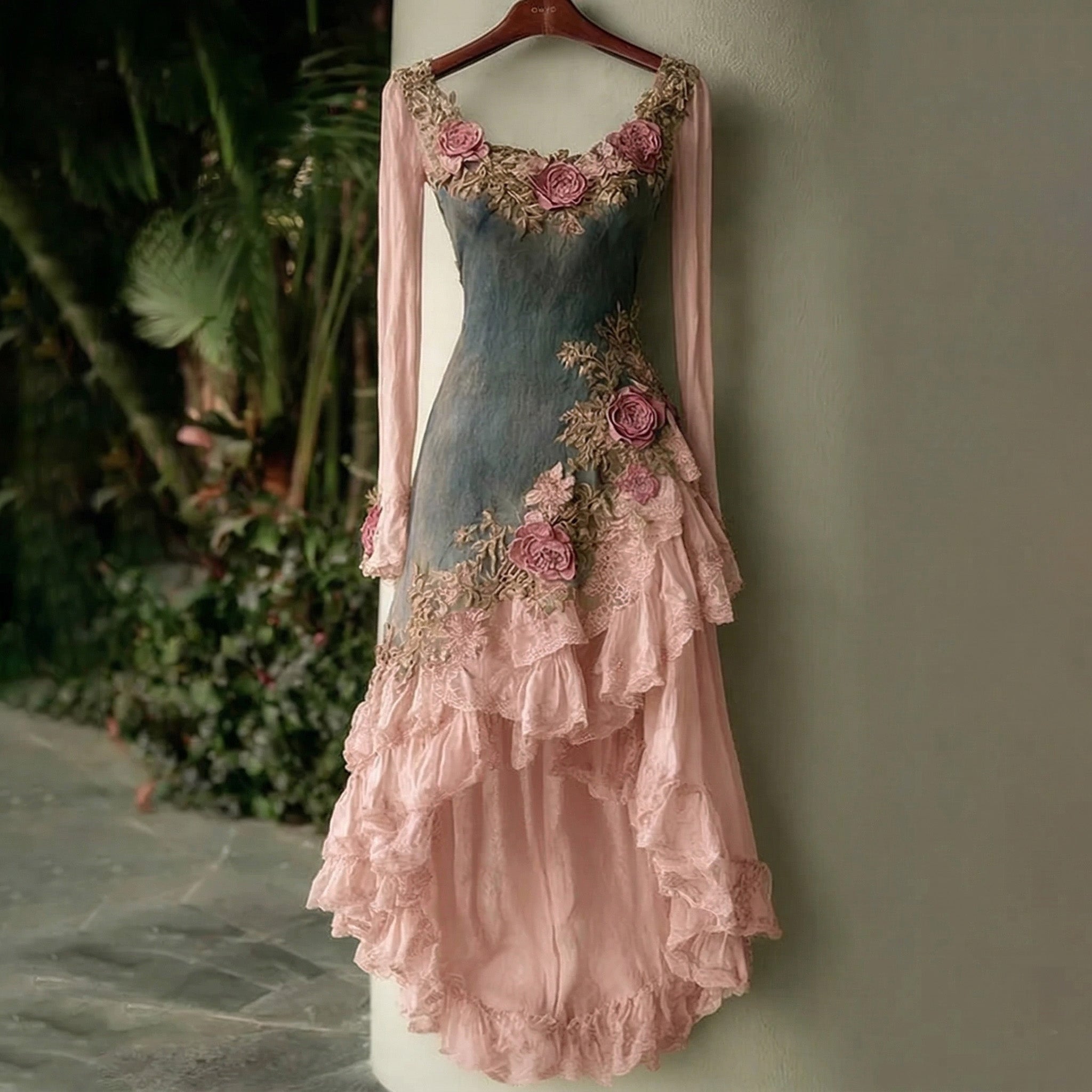 Women's Spring Elegant Flowers Irregular Ruffle Midi Dress