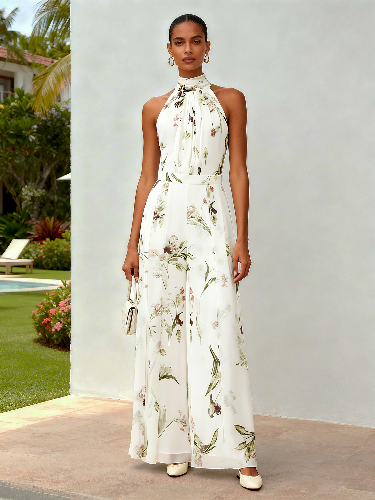 Women White Floral Halter Sleeveless Romantic Jumpsuit
