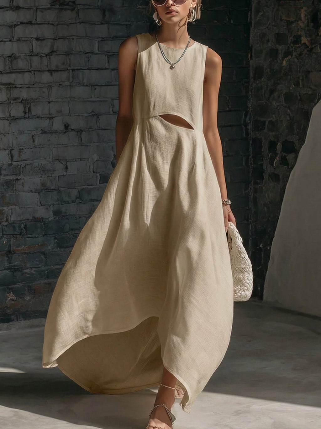 Stylish Minimalist Cutout Waist Linen-cotton Dress