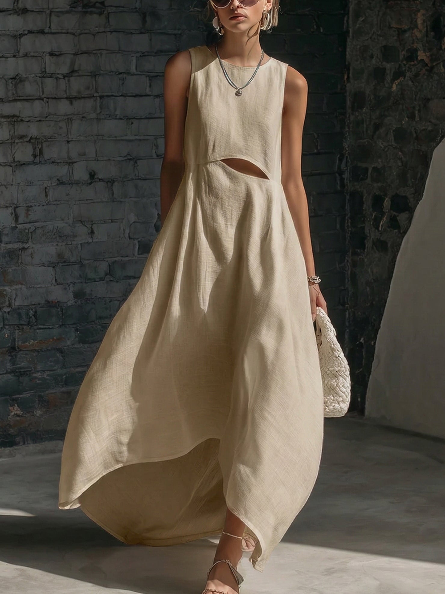 Stylish Minimalist Cutout Waist Linen-cotton Dress