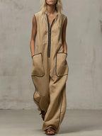Women's V-neck Sleeveless Casual Loose Wide-leg Cotton And Linen Jumpsuit