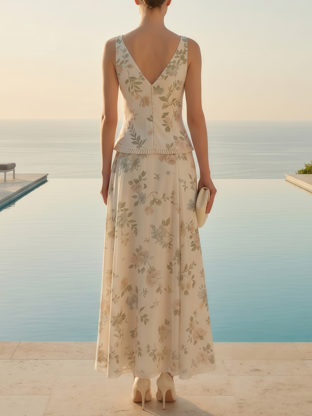 Women Off White Floral V Neck Sleeveless Romantic Top With Skirt Two-Piece Set
