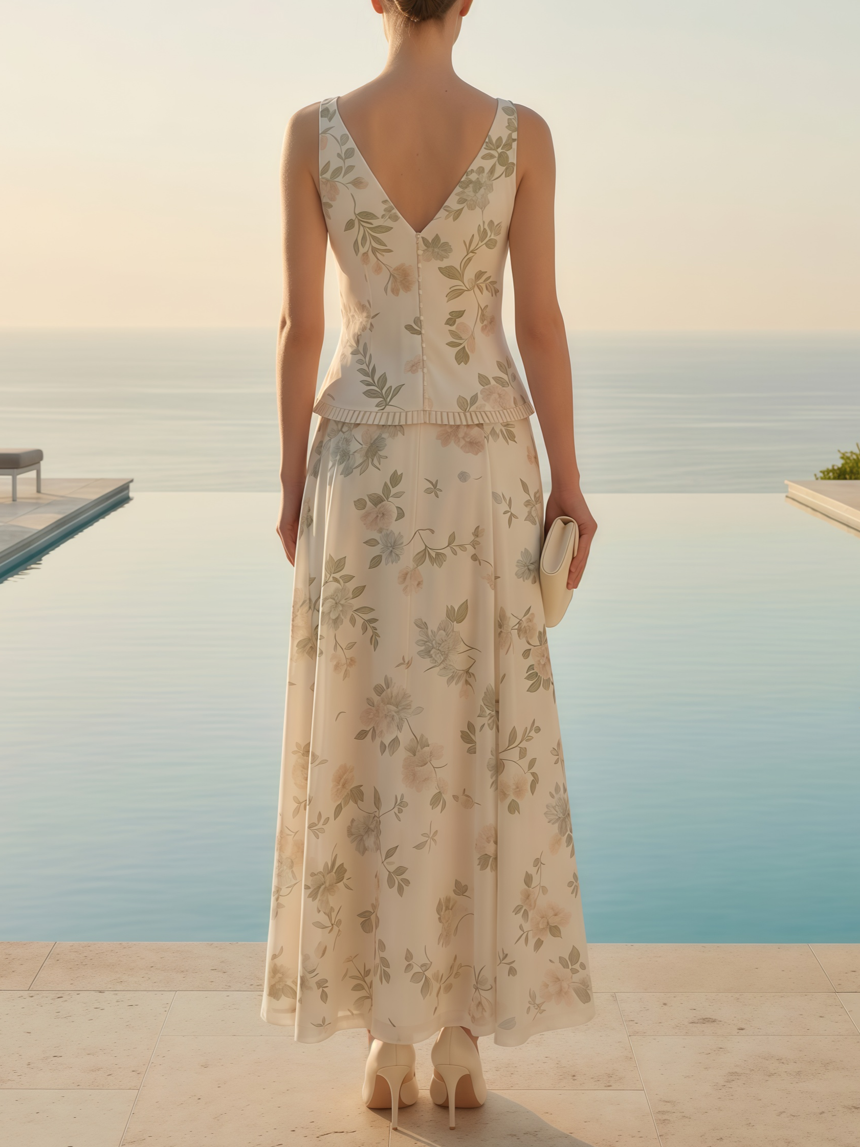 Women Off White Floral V Neck Sleeveless Romantic Top With Skirt Two-Piece Set