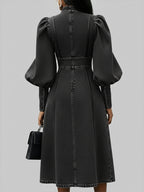 Fashionable Patchwork Leather Lantern Sleeve Denim Dress
