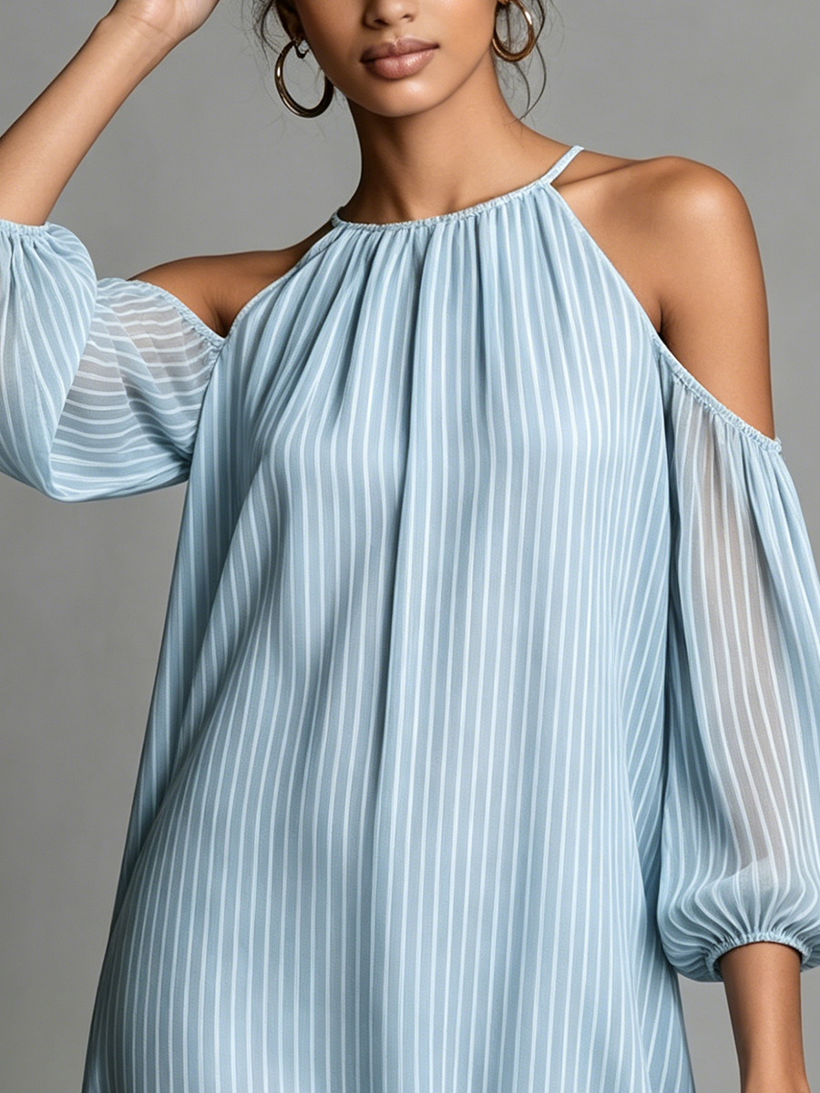 Elegant Halter-neck Striped Off-shoulder Midi Dress