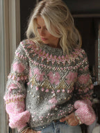 Women's Classic Fairman Island Crochet Pearl Flower Sweater