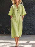 Cozy Buttons Loose-fit Cotton-linen Midi Dress