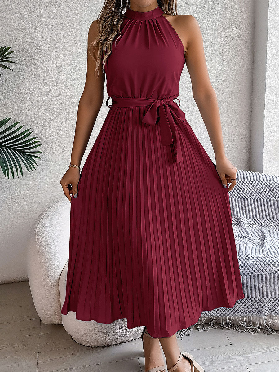 Women's Casual Stand-up Collar Sleeveless Pleated Dress