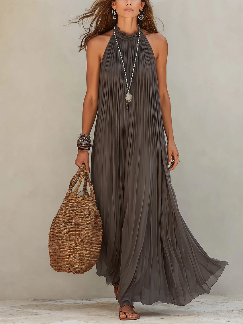 Gray Halter Neck Pleated Loose Chiffon Maxi Dress