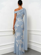 Light Blue 3D Floral Classic One Shoulder Sleeveless Mermaid Floor-length Gown Dress