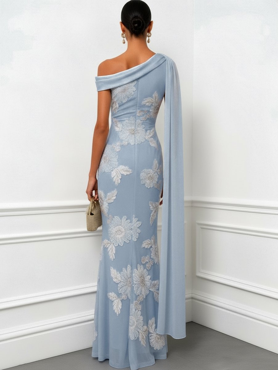Light Blue 3D Floral Classic One Shoulder Sleeveless Mermaid Floor-length Gown Dress