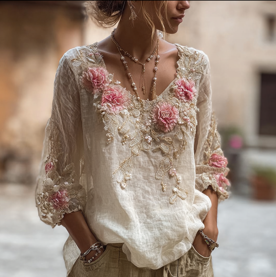 Bohemian Style Round Neck Short Sleeve Three-dimensional Flower Design Women's Thin Top