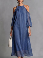 Elegant Halter-neck Striped Off-shoulder Midi Dress