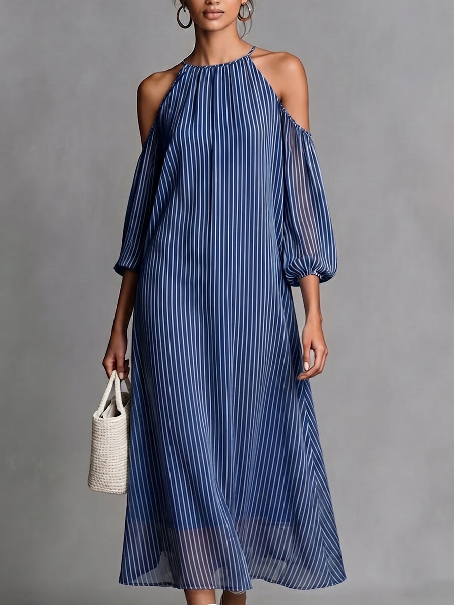 Elegant Halter-neck Striped Off-shoulder Midi Dress