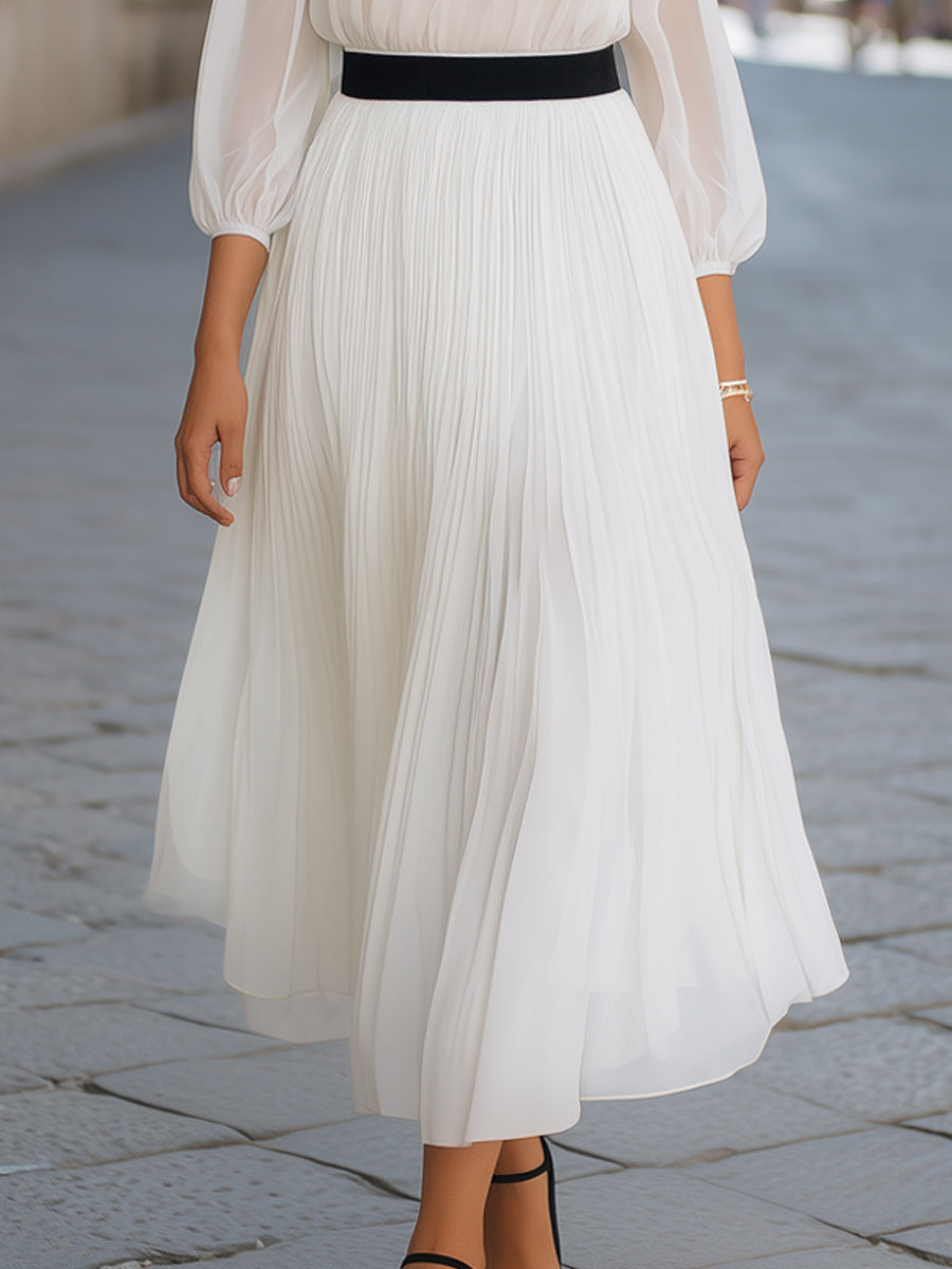 Sheer Pleated Waist Contrast Belt Flowing Maxi Dress