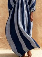 Women's Striped Art Print Casual Stylish Comfortable Cotton Linen Long Dress