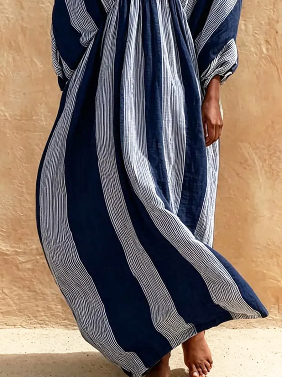 Women's Striped Art Print Casual Stylish Comfortable Cotton Linen Long Dress