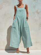 Light Blue Linen-Blend Wide-Leg Overalls | Square Neck Sleeveless Jumpsuit