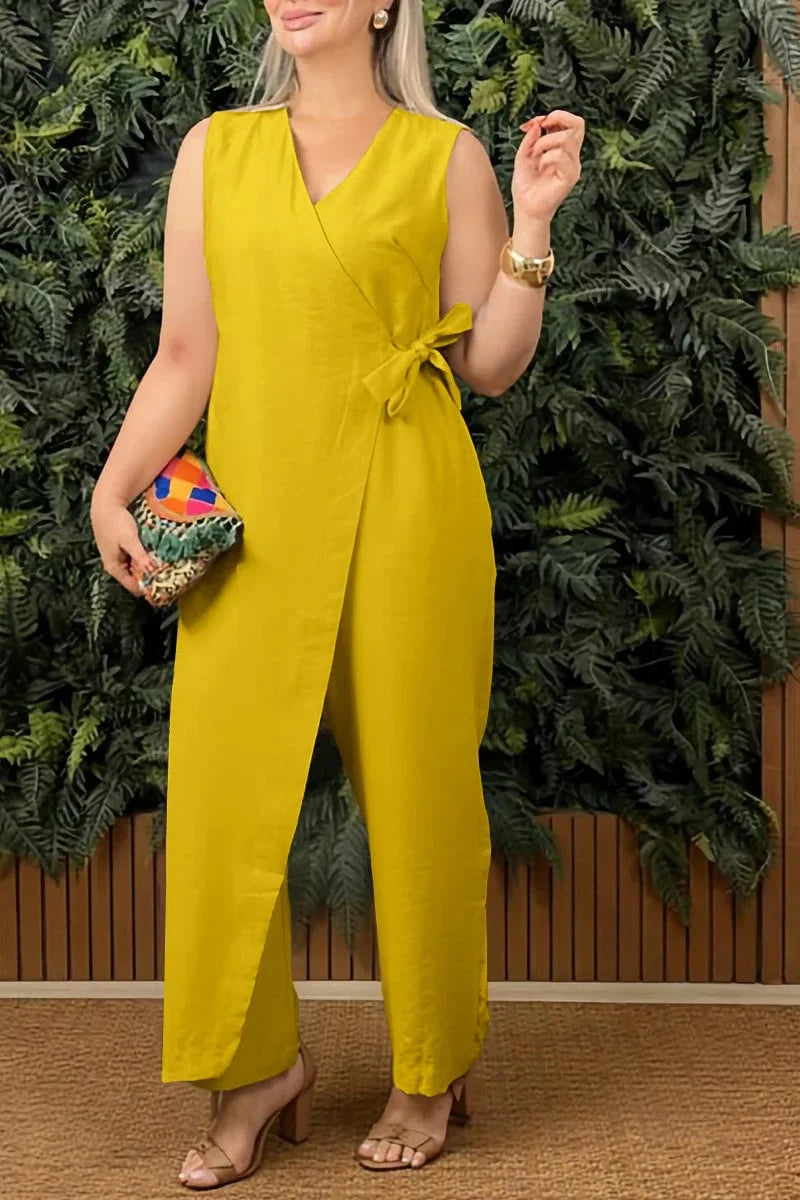 Women's Casual V-neck And Crisscross Straps Cotton Jumpsuit