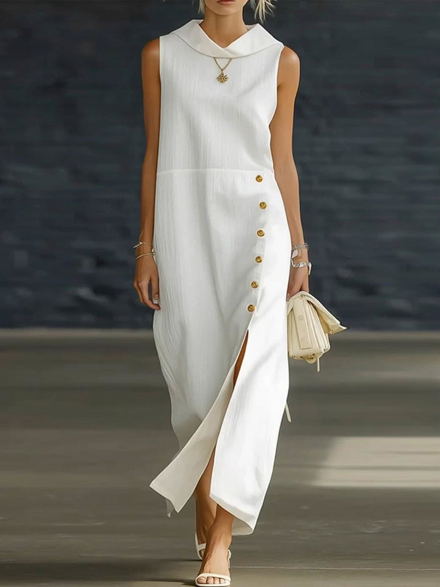 Women's Solid-color Lapel Sleeveless Casual Loose Cotton-linen Dress