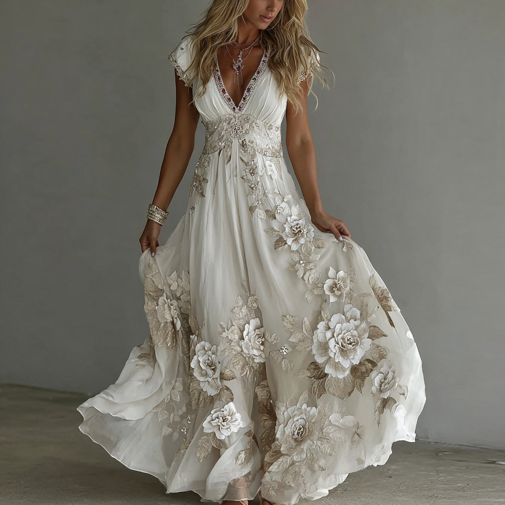 Women's Vintage Boho Floral Art  Short-sleeved Maxi Dress