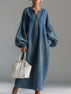 Women's Round Neck Long-sleeved Casual Loose Denim Dress