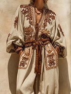 Women's Vintage Art Print V-neck Long Sleeve Cotton Linen Jumpsuit