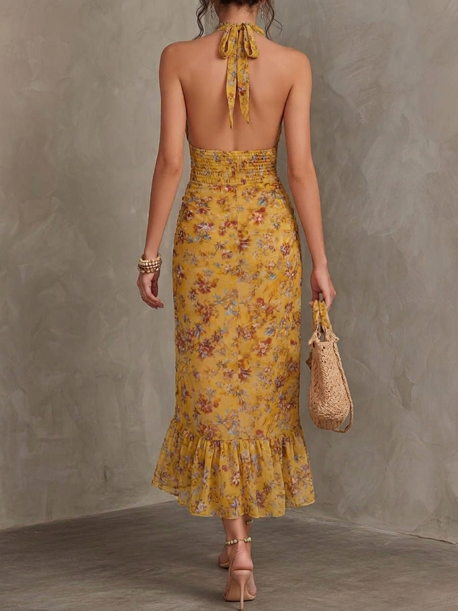 Ginger Yellow Floral Halter Neck Fitted Waist Chiffon Midi Dress