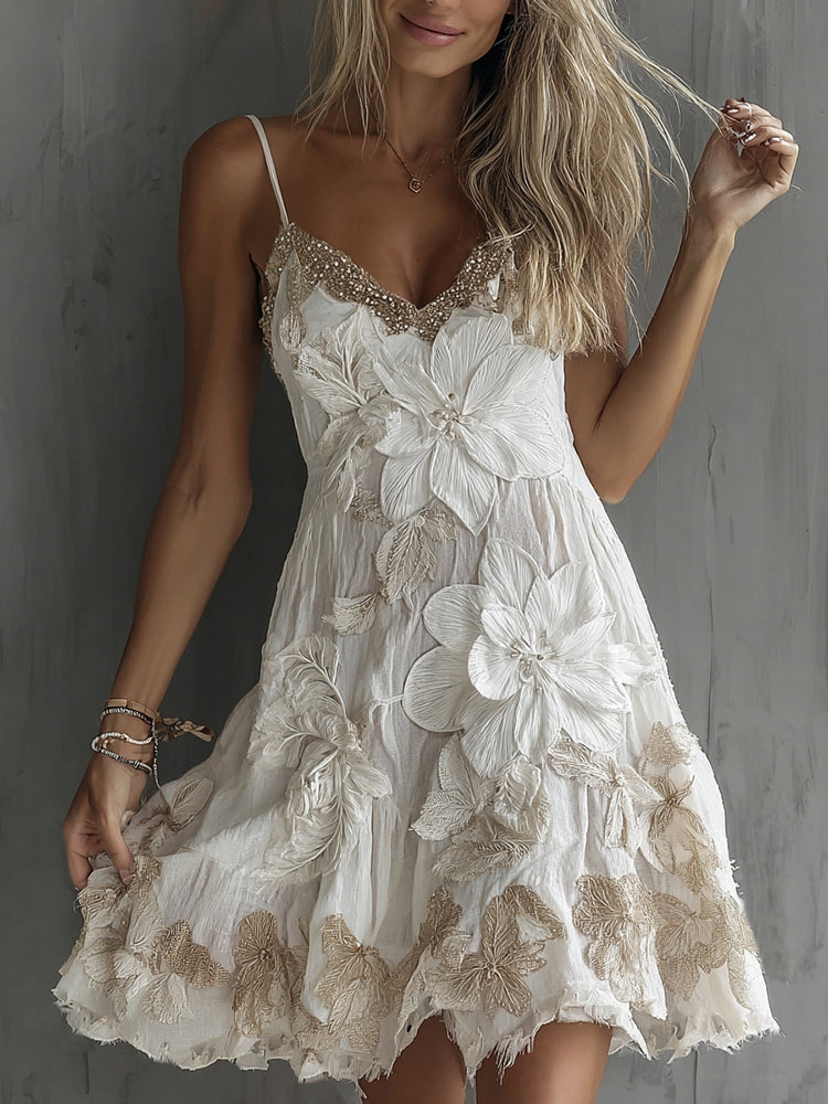 Women's Vintage White Rose Floral Casual Midi Dress
