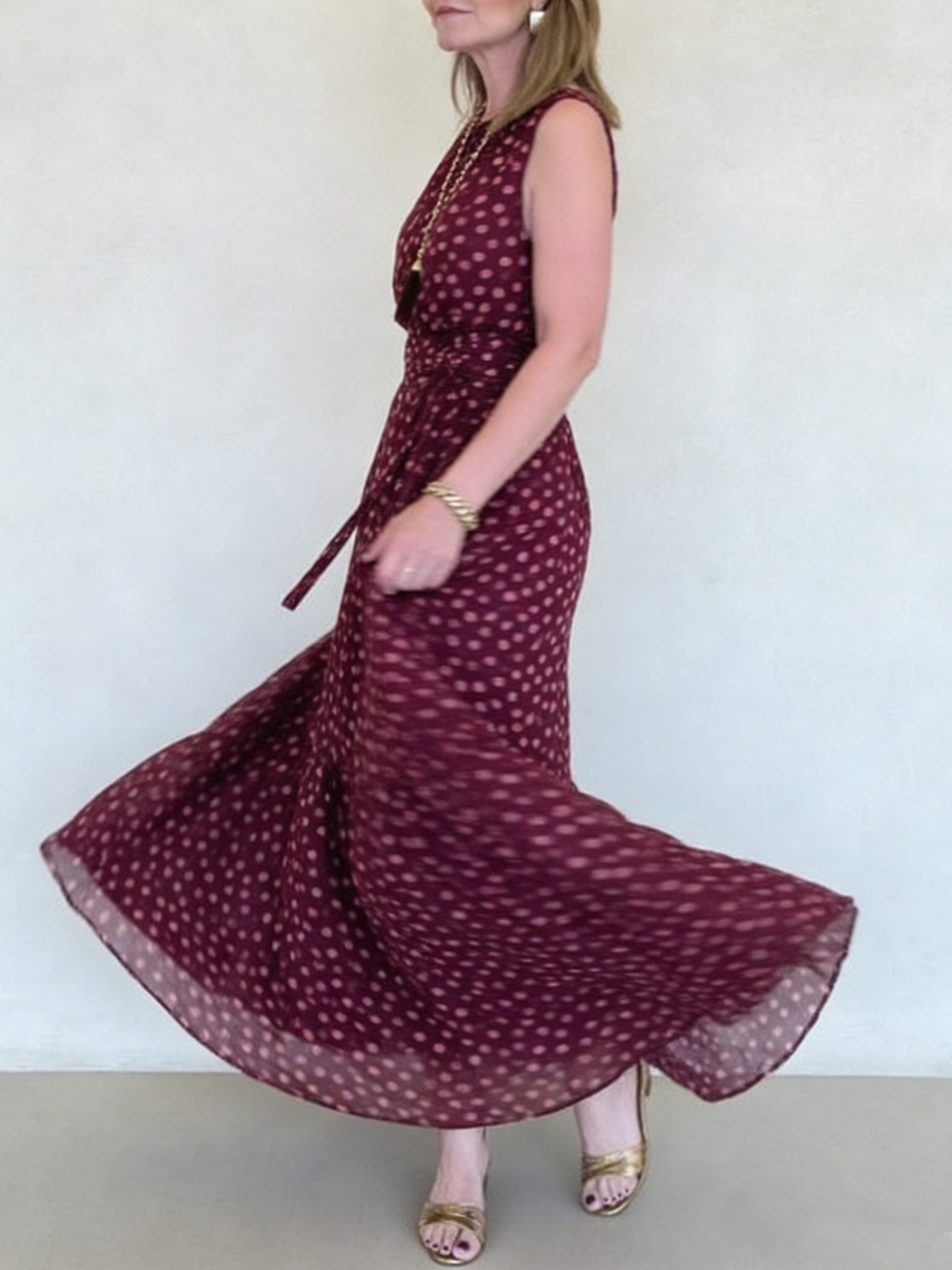 Elegant Polka Dot Print Belted Maxi Dress