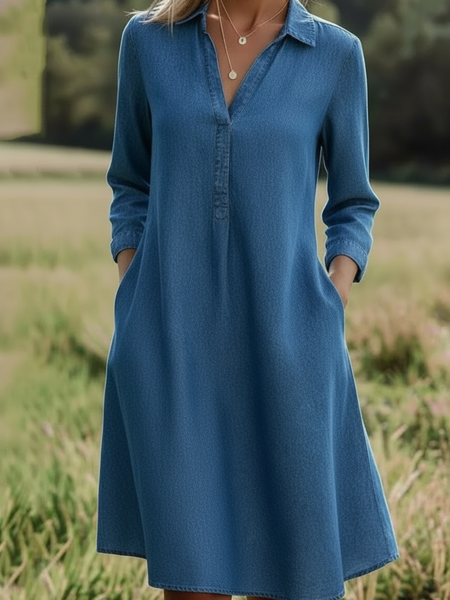 Casual Polo-neck Denim A-line Dress