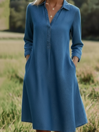 Casual Polo-neck Denim A-line Dress