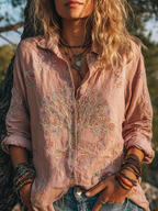 Women's Colorful Tree Of Life Embroidered Cotton And Linen Shirt