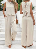 Women's Casual Round Neck Lace-up Top And Wide-leg Pants Set