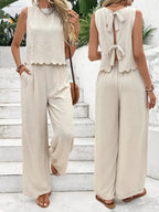 Women's Casual Round Neck Lace-up Top And Wide-leg Pants Set