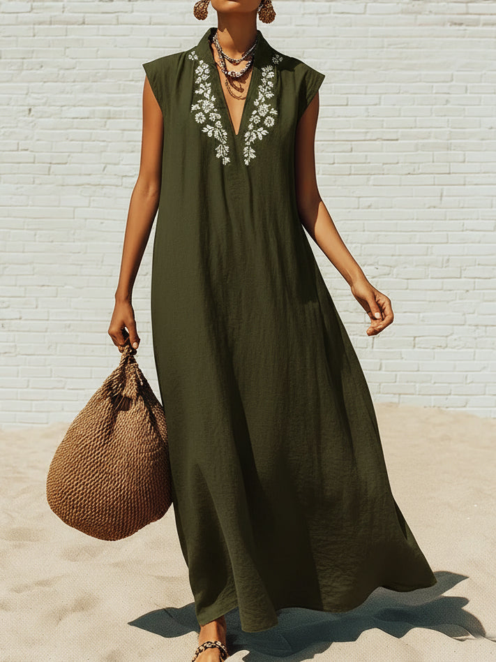 Vintage-style Vacation Floral Print Loose Cotton-linen Dress