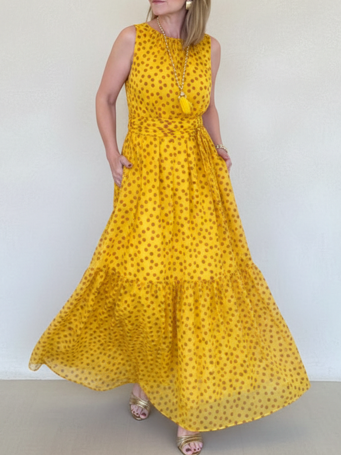 Elegant Polka Dot Print Belted Maxi Dress
