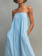 Minimalist Striped Maxi Dress with Red Piping and Thin Straps