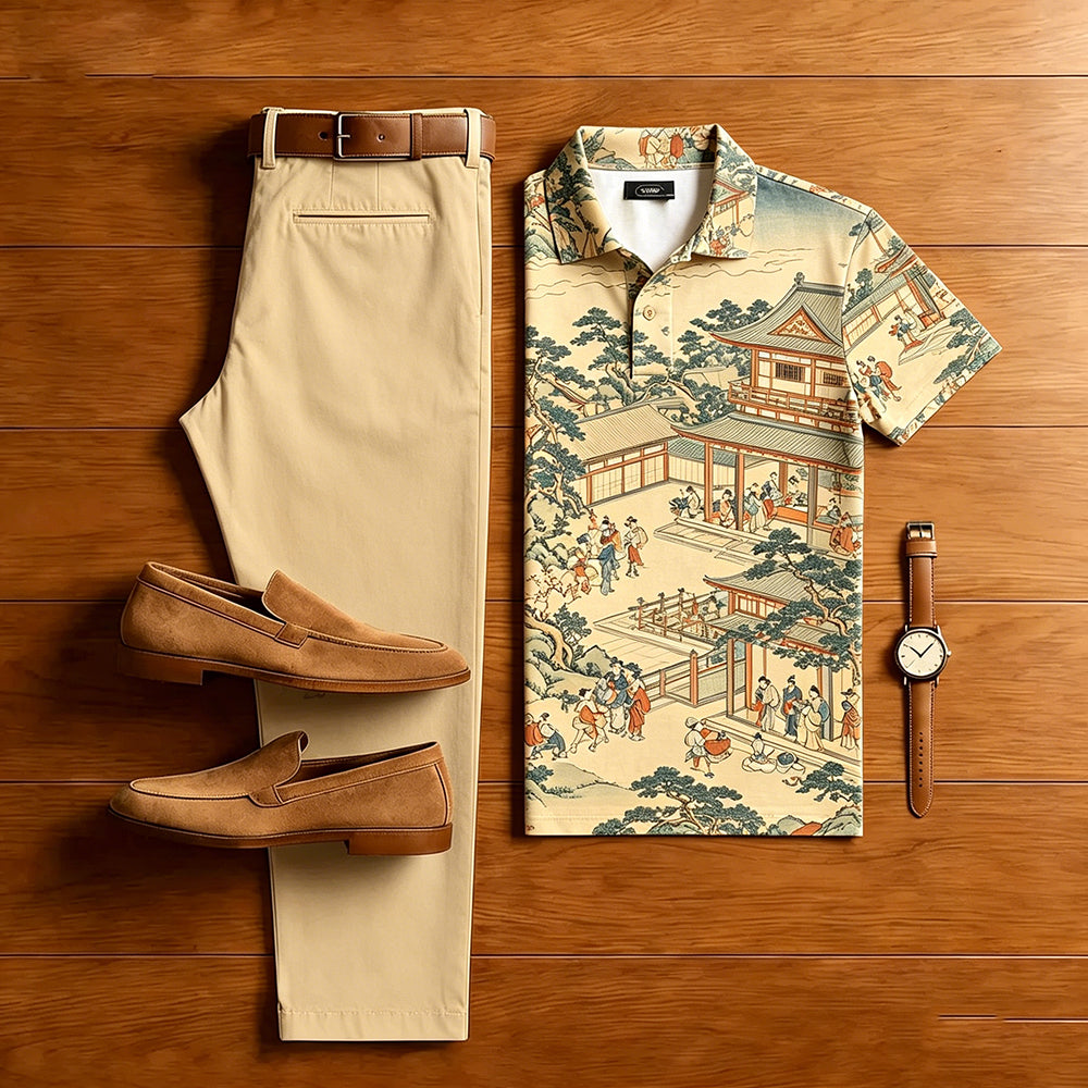 Men's Casual Apricot-Colored Scenery Printed Short-Sleeve Polo Shirt And Trousers Two-Piece Set