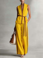 Women's V-neck Sleeveless Casual Loose Cotton Top And High-waisted Casual Loose Wide-leg Cotton Suit
