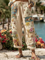 Women's Bohemian Floral Embroidery Art Contrast Color Linen Blend Casual Pants