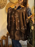 Casual Loose-fitting Floral Print Linen And Cotton Top