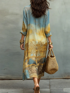 Baroque Blue And Yellow Gradient Printed Chiffon Midi Dress