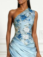 Light Blue Floral Satin One Shoulder Sleeveless Sheath Floor-length Gown Dress
