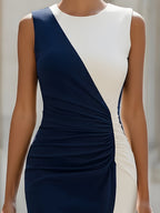 Diagonal Color-Block Ruched Sleeveless Midi Sheath Dress