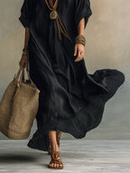 Black Polka Dot Color-blocked Loose-fitting Beach Shirt Maxi Dress