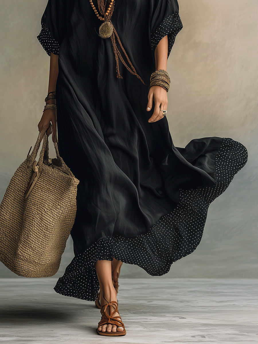 Black Polka Dot Color-blocked Loose-fitting Beach Shirt Maxi Dress